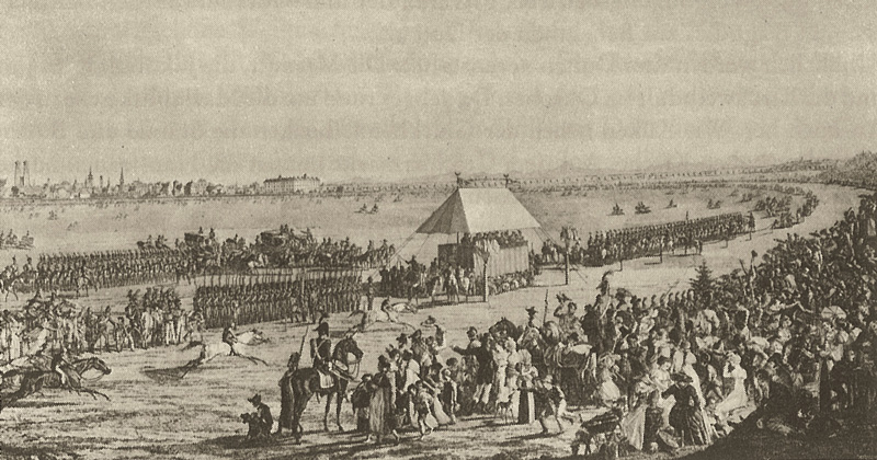 Druck: Pferderennen auf Theresienwiese um 1811